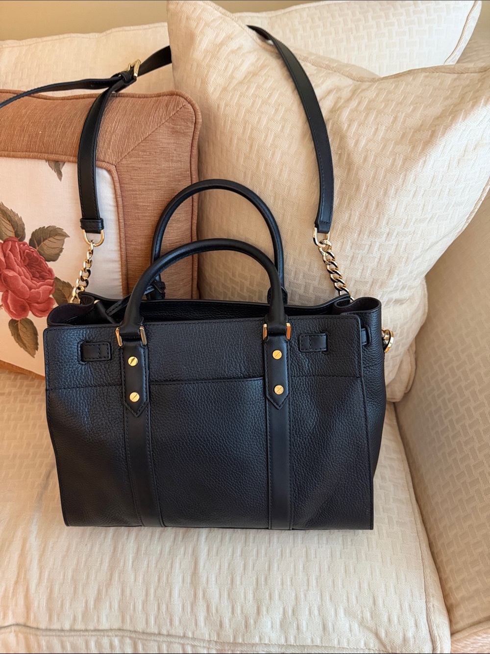 Michael Kors Black Leather Satchel with Gold-Tone Accents - Picture 2 of 3
